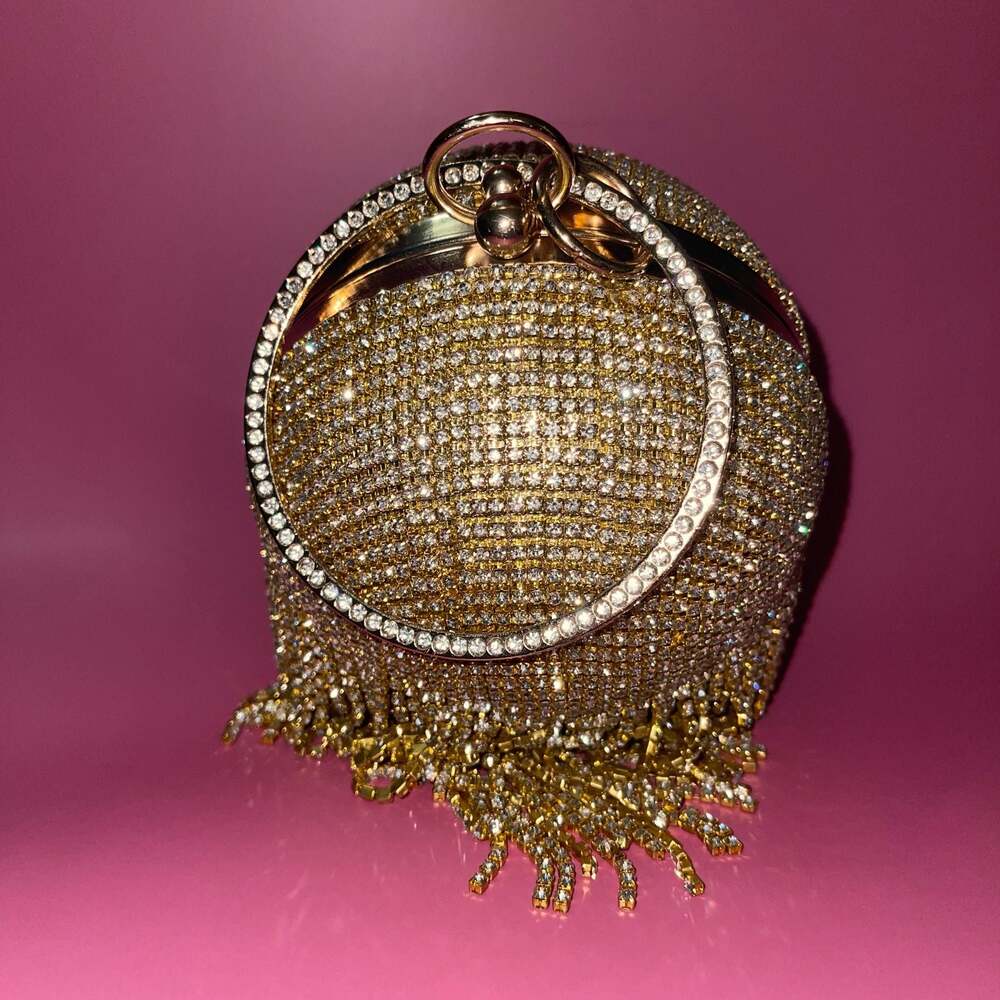 Badgley Mischka Gold Rhinestone Fringe Sphere Evening Clutch Bag